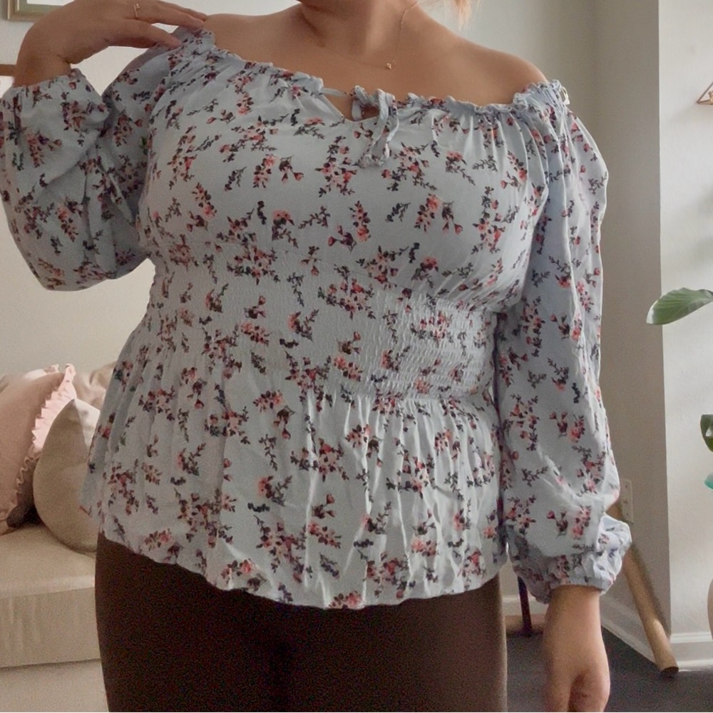 L/XL baby blue off the shoulder blouse